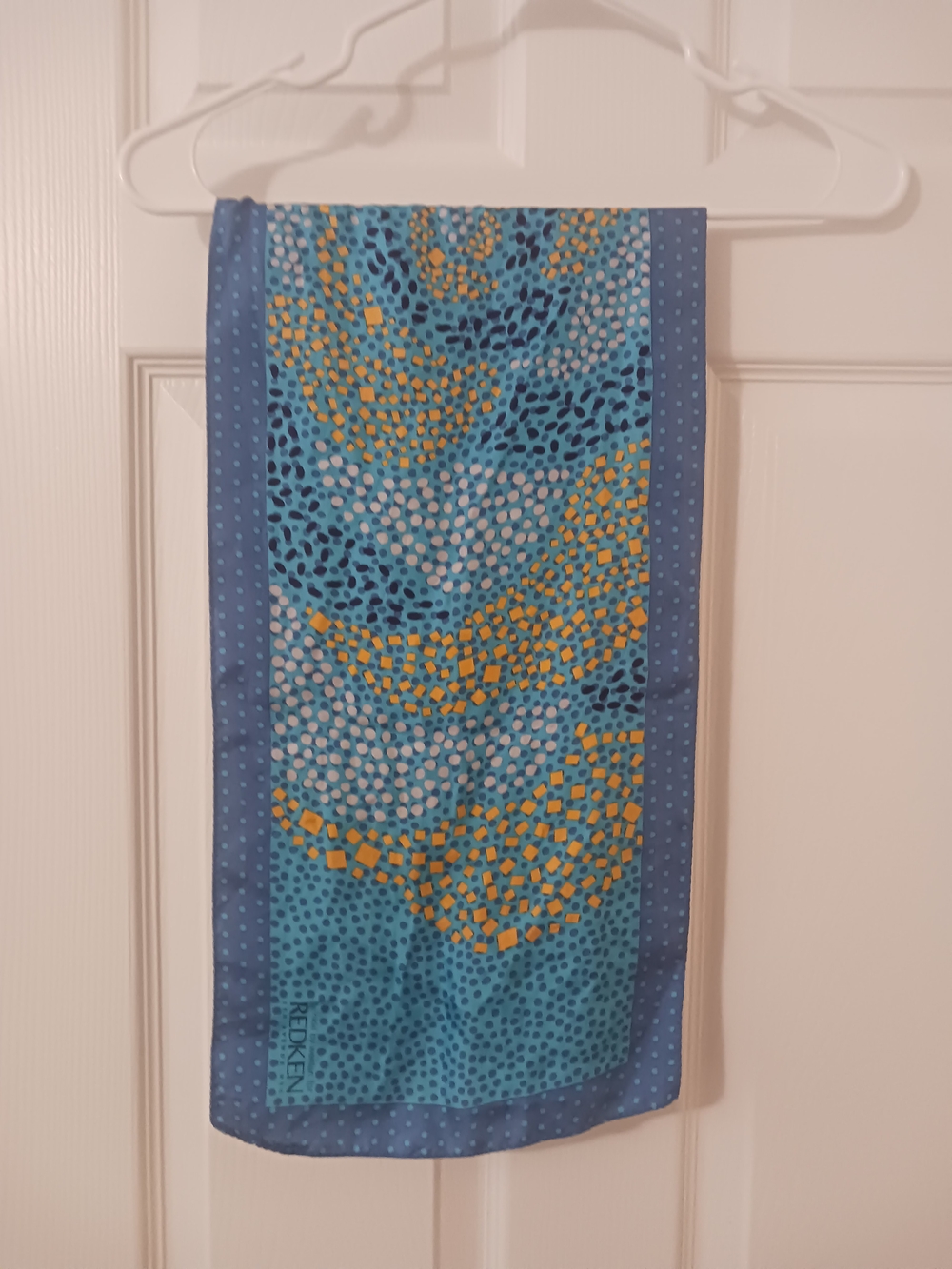 Vtg Twinkle by Wenlan for Redken, 5th Ave NYC Blue /Gold Geo Design Silk Scarf